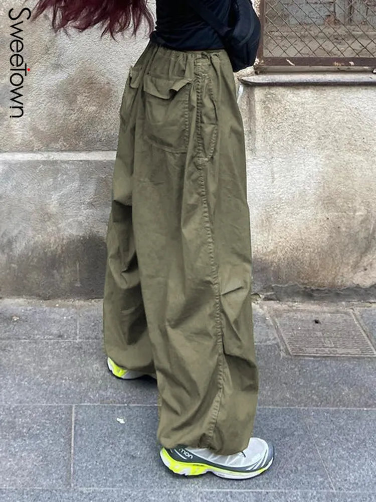 Wide Leg Drawstring Low Waist Streetwear Cargo Pants LUXLIFE BRANDS