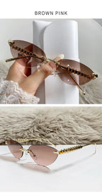 New Cat Eye Rivet Rimless Sunglasses Women Luxury Fashion Brand Oval Narrow Sun Glasses Shades Trendy Elegant Unique Eyewear Luxlife Brands