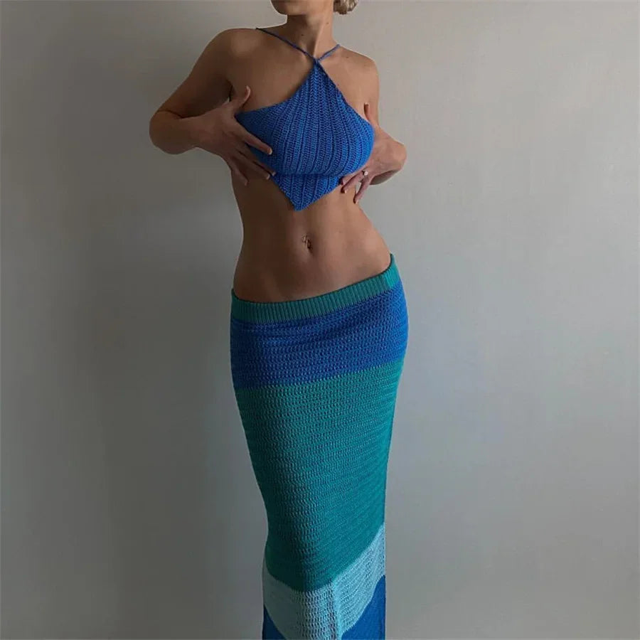 Women Beach Knitting Long Skirt 2022 Summer High Waist Hollow Out Wrapped Pencil Skirts Party Vacation Club Wrap Skirts