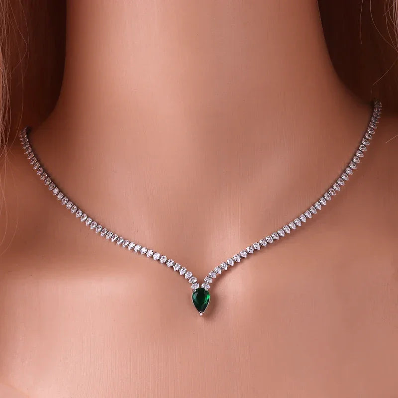 High Quality Iced Out Chain Water Drop Cubic Zirconia Light Blue Necklace for Women 18K Gold Plated Bridal Wedding Party Jewelry LUXLIFE BRANDS