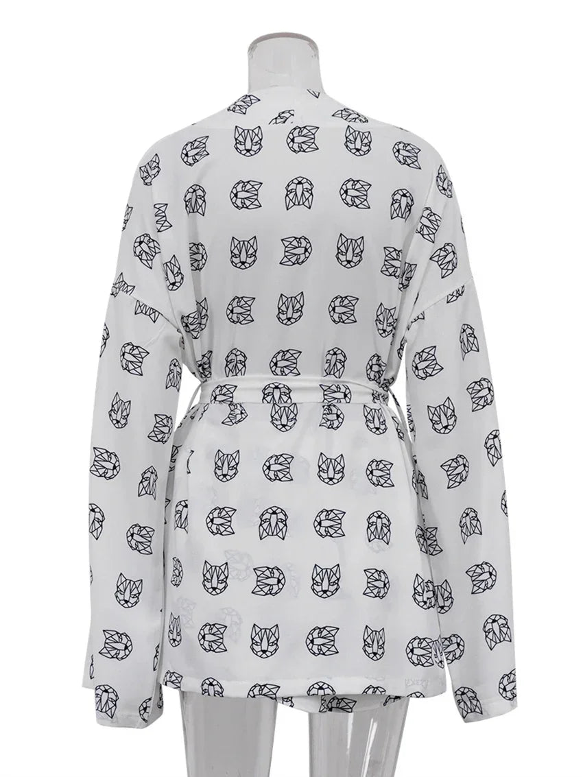 Marthaqiqi Sexy Sleepwear Suits With Shorts Pijama Print Nightwear Lace-Up Robes Women'S Nightgown Full Sleeve Women Pajama Set LUXLIFE BRANDS