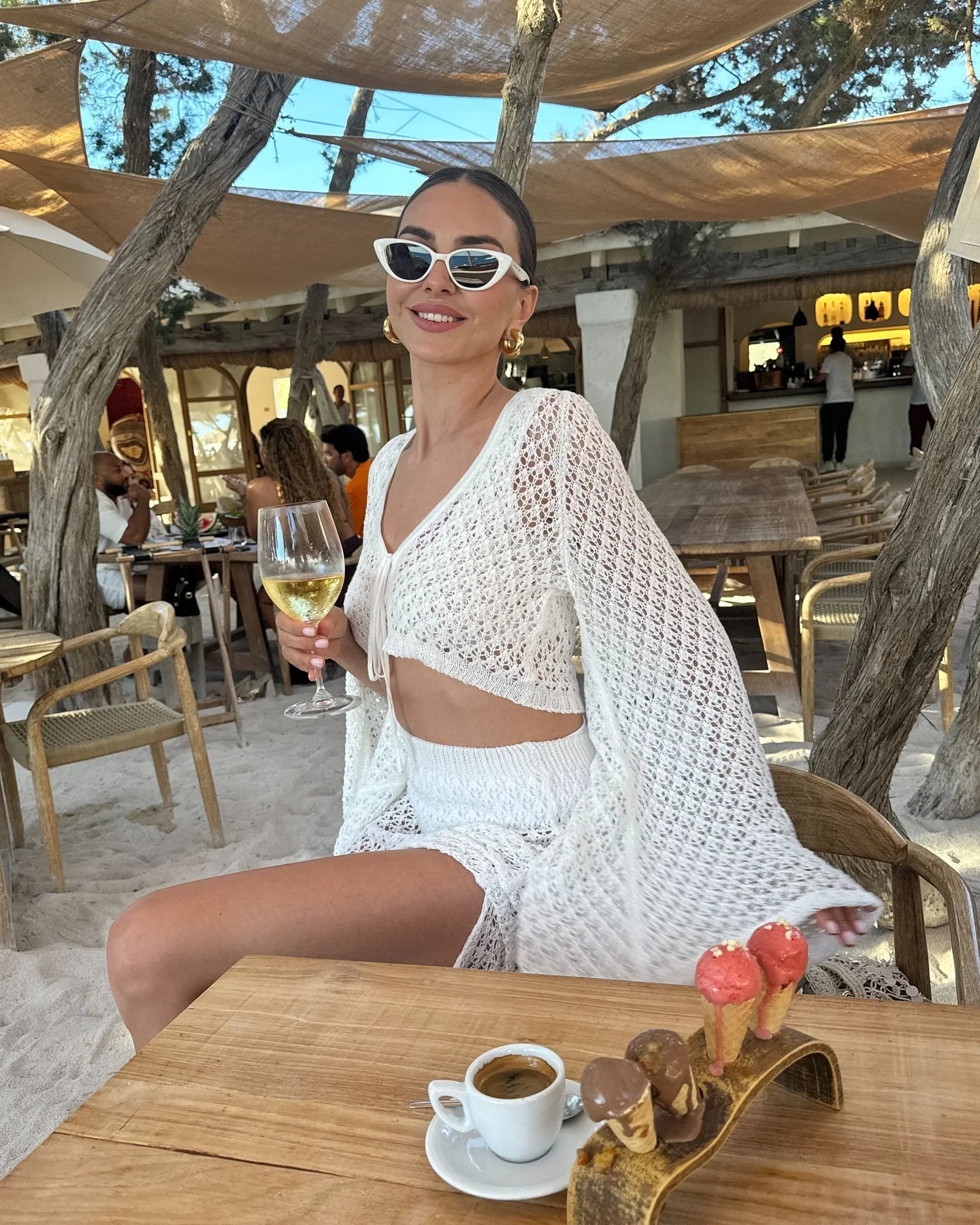 Sexy Knit Set White Cut Out Swimsuit Cover Up 2025 Women's Summer Bell Sleeve Lace-up Loose Top Beach Half Skirt Two-piece K136 Luxlife Brands
