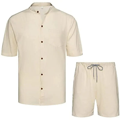 2023 Men's Linen Set Short Outfit 2 Piece Tracksuit Short Sleeve Shirt and Drawstring Waist Pants with Pockets