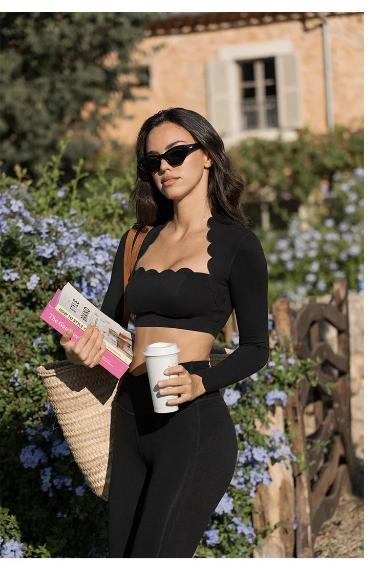 Black Square Neck Tight High Elastic Skinny Yoga Sports Long Sleeves Fashion Compression Pants Fitness Leggings Workout Tights