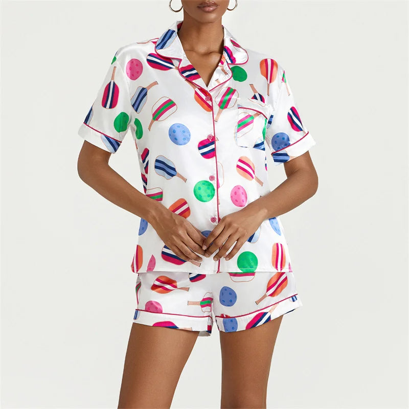 Print Y2k Silk Pajamas for Women Satin Cozy 2 Piece Printed Preppy Pjs Shorts Set Matching Pj Aesthetic Pajamas Shirts Sets