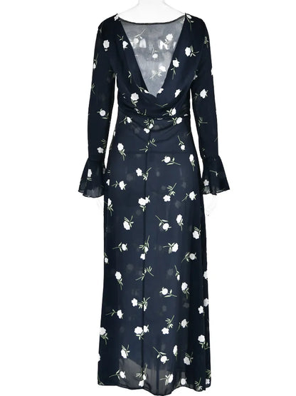 Chiffon Floral Print Long Sleeve Backless Maxi Dress LUXLIFE BRANDS