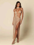 Sexy Slim Low-cut Tie Knit Halter Cut Out Circle Decoration High Slit Beach Maxi Dress 2025 Women Summer Swimsuit Cover Up K88 Luxlife Brands
