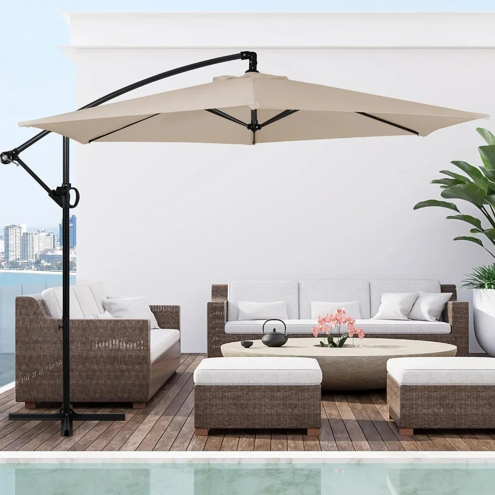 Patio Offset Umbrella w/Easy Tilt Adjustment,Crank and Cross Base, Outdoor Cantilever Hanging Umbrella with 8 Ribs, 95% UV