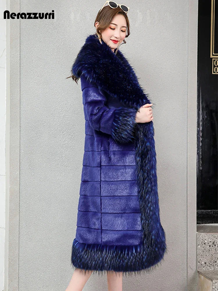 Nerazzurri Winter Long Striped Warm Sapphire Blue Luxury Fluffy Faux Mink Fur Coat with Fox Fur Trim European Overcoat Fashion LUXLIFE BRANDS