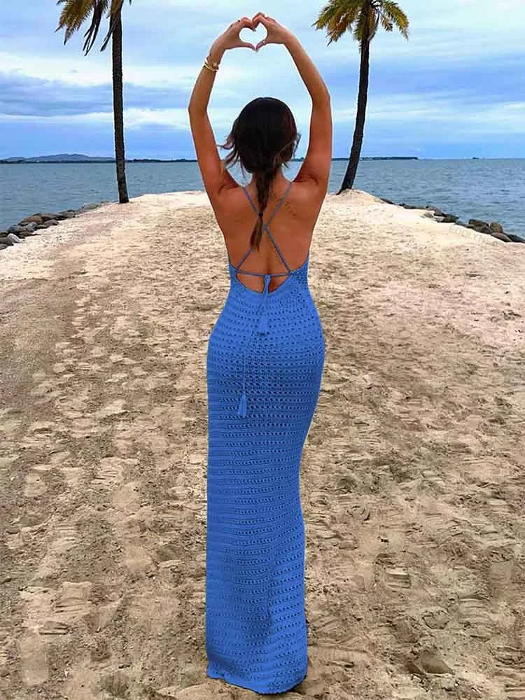 Sexy Knit Cut Out Tassel Spaghetti Strap Bodycon Beach Maxi Dress Summer Women's Holiday Club Party Outfit Swimsuit Cover Up K10 Luxlife Brands