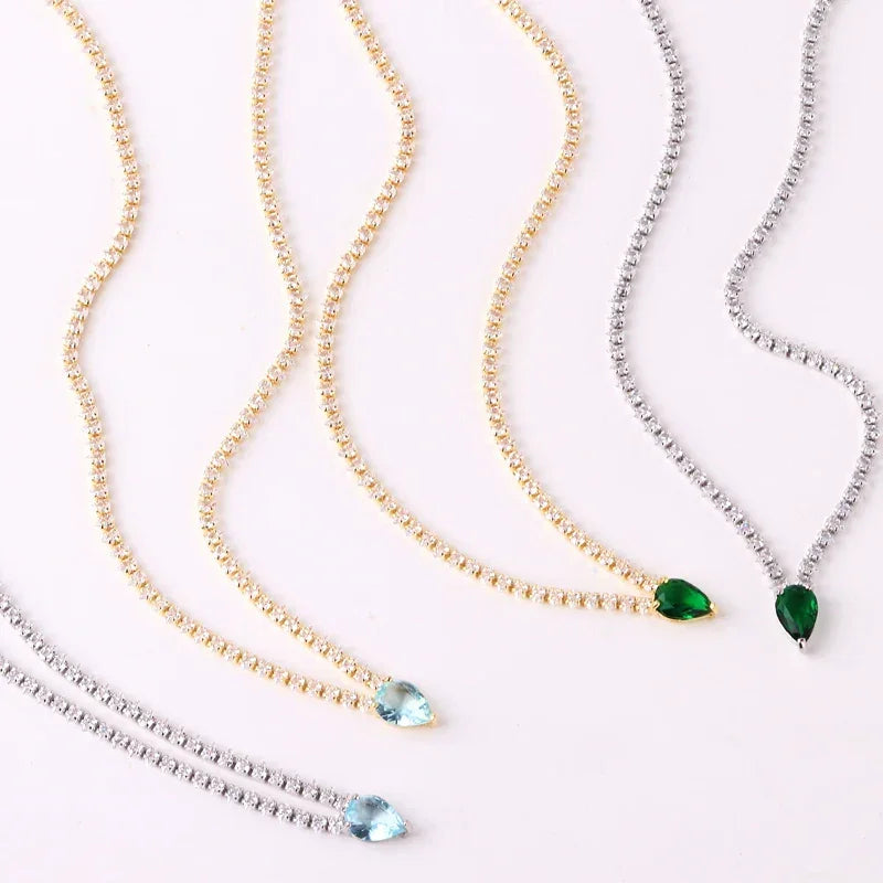 High Quality Iced Out Chain Water Drop Cubic Zirconia Light Blue Necklace for Women 18K Gold Plated Bridal Wedding Party Jewelry LUXLIFE BRANDS