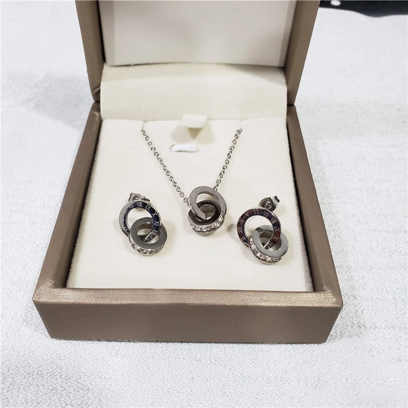 316L Stainless Steel Micro Red White Inlaid Zircon  Roman Digital Lifting Earrings Necklace Wedding Bridal Jewelry Set Luxlife Brands