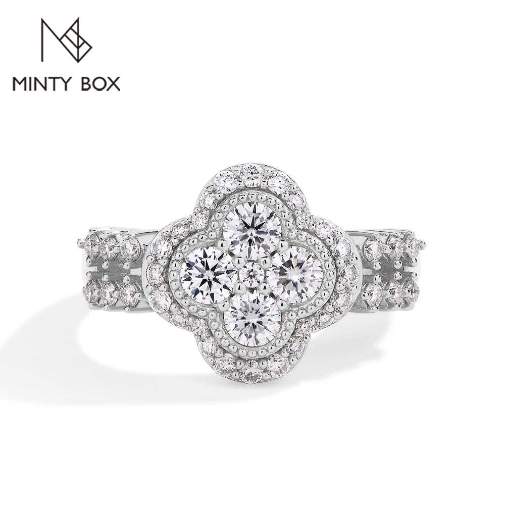 MINTYBOX Moissanite 18k White Gold Plated Diamond Ring For Women S925 Sterling Silver Engagement Wedding Fine Jewelry Four-Leaf