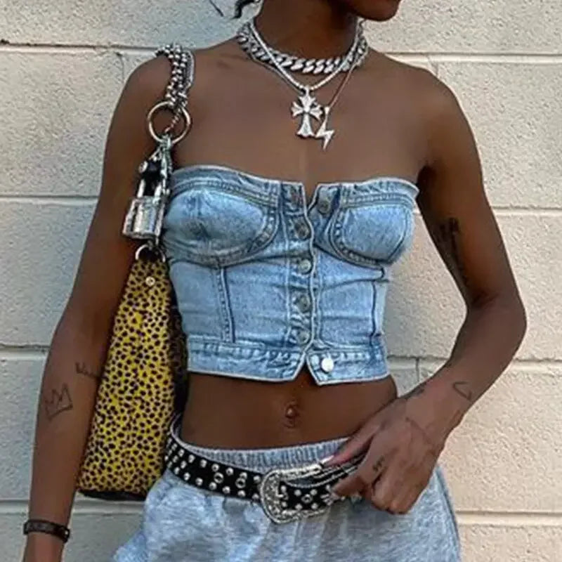 Women's Button Down Denim Bustier Crop Top Strapless Jeans Corset Top Backles Push Up Tank Tops Vintage Harajuku Streetwear