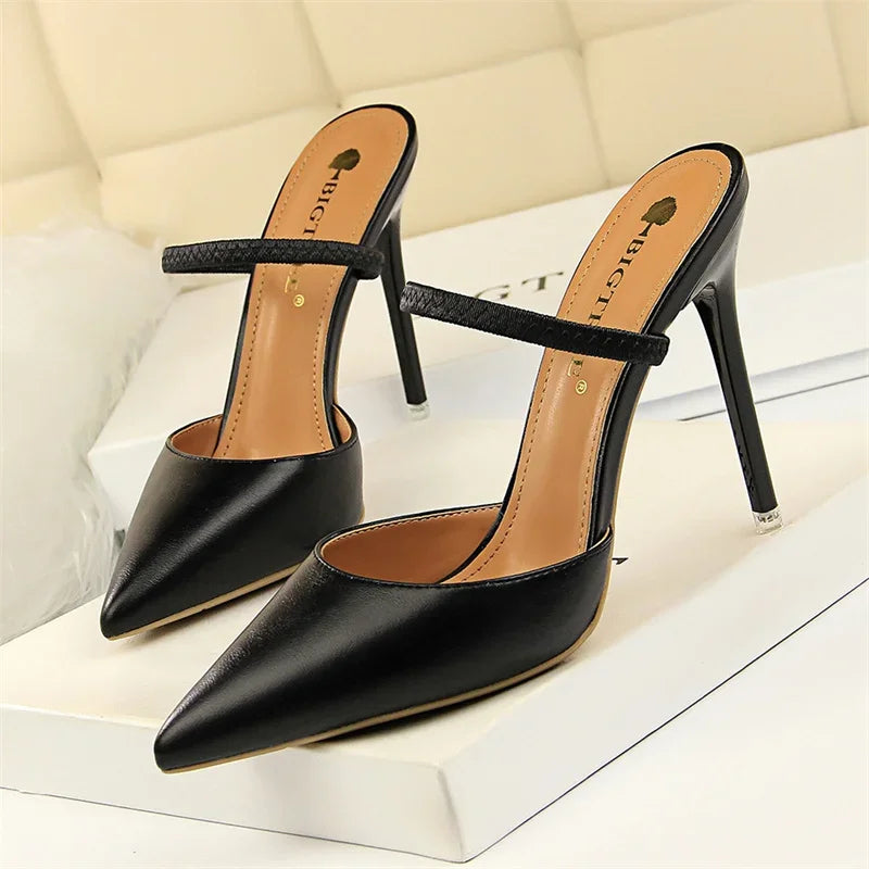 Summer Retro Simple Women Shallow Mouth Thin High Heels Mules Slingbacks Slippers Pointed Toe Hollow Wedding Slip On Pumps Shoes