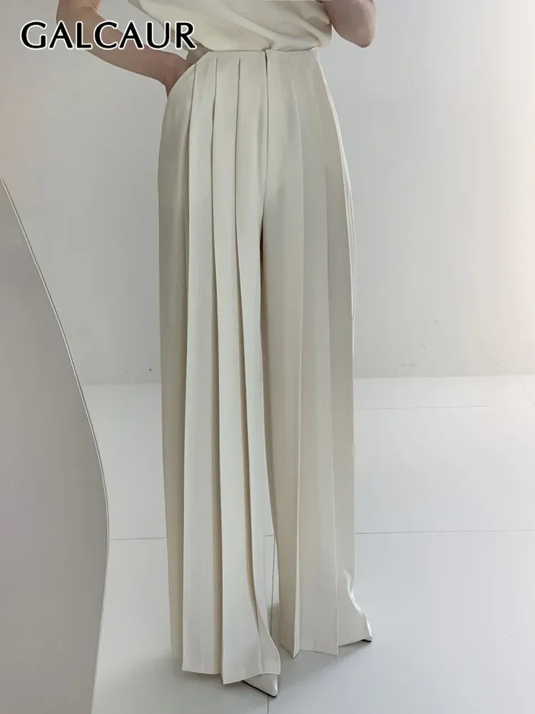 GALCAUR Casual Summer Wide Leg Pants For Women High Waist Ruched Solid Minimalist Trousers Female Fashion Clothes Style New 2022 LUXLIFE BRANDS