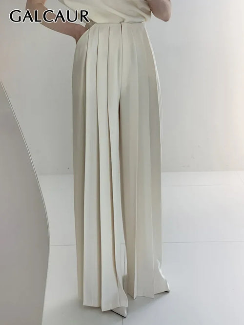 GALCAUR Casual Summer Wide Leg Pants For Women High Waist Ruched Solid Minimalist Trousers Female Fashion Clothes Style New 2022 LUXLIFE BRANDS