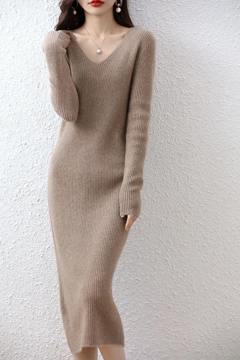 Elegant Long Sleeve Ribbed 100% Merino Wool Sweater Dress LUXLIFE BRANDS