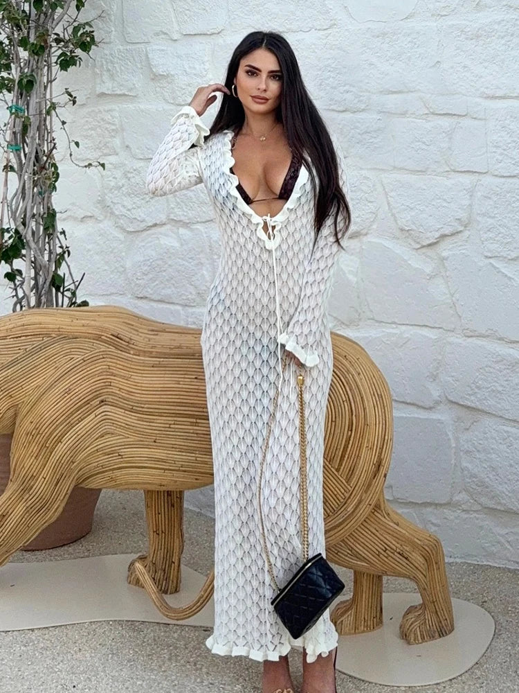 Sexy Frill Big V Neck Hollow Out Long Sleeve Maxi Dress Summer 2025 Feminine Swimwear Bikini Cover Up Women Holiday Outfits K221 Luxlife Brands