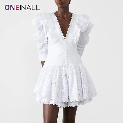 ONEINALL Patchwork Lace Up Dress For Women V Neck Puff Sleeve High Waist Backless Spliced Ruffles Hollow Out Dresses Female New