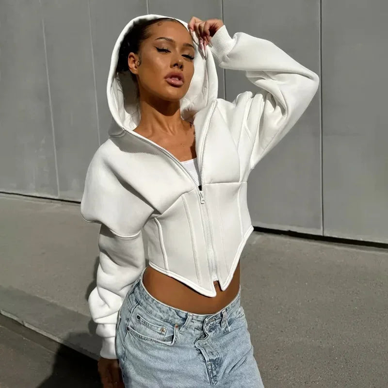 Fashion Women Zipper Hoodies Sweatshirts Tops Loose Slimming Waist Hooded Sweatshirt Casual Lady Cardigan Hoodie Jacket Street