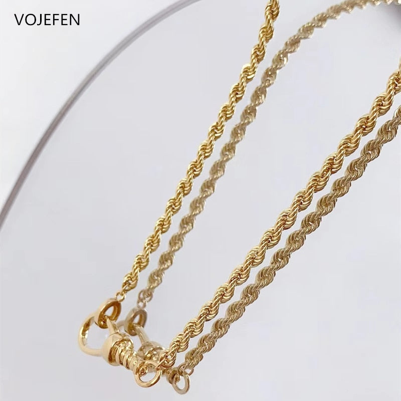 VOJEFEN 18 K Real Gold Necklace Jewelry Personalised Rope Chain With Mini Diamonds Button Luxury Goods Gifts Female New Jewel