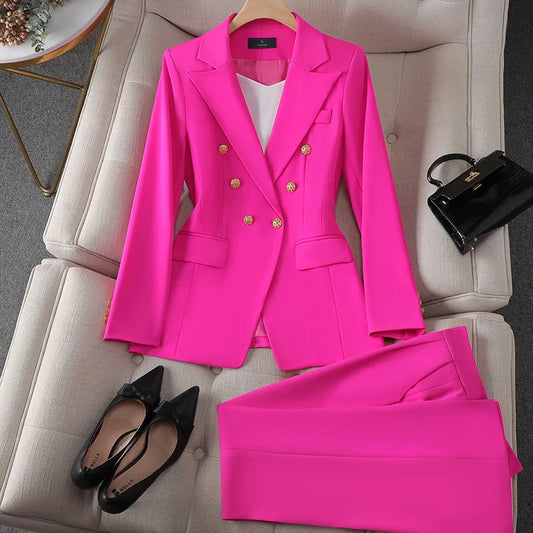 Fashion Office Ladies Formal Pant Suit Set Women Blue Pink Yellow Female Business Work Wear 2 Piece Blazer Jacket And Trouser