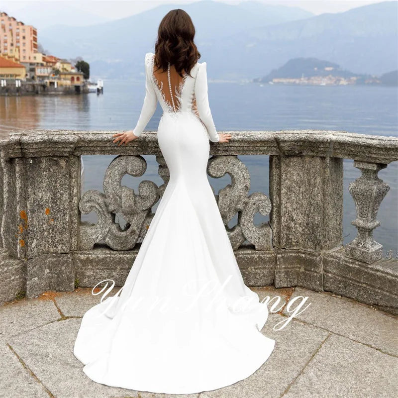Yunshang Elegant Wedding Dress Women 2023 Mermaid Illusion Open Long Sleeve Back Lace V-Neck Bridal Gown Train Vestidos De Novia LUXLIFE BRANDS