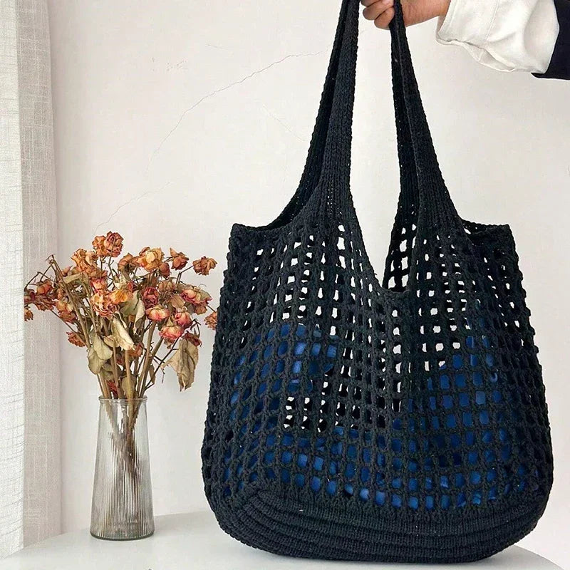 Women Crochet Tote Bag Hollow Beach Bag Large Capacity Fashion Knitted Bag Solid Color Simple Shopping Bag for Travel Vacation