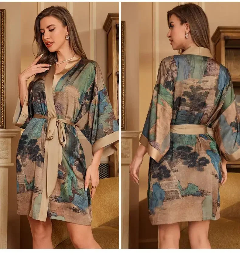 Female Robe Nightgown Summer Satin Sleepwear Loungewear Silky Printing Kimono Bathrobe Gown Yukata Sexy Casual Nightwear
