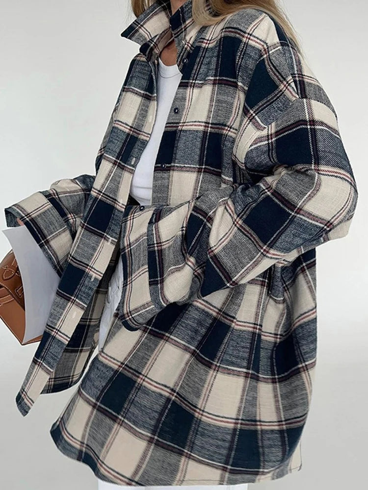 Aynaray 2024 Women Spring Winter Oversized Plaid Shirt Thick Vintage Long Sleeve Loose Fit Blouse For Woman