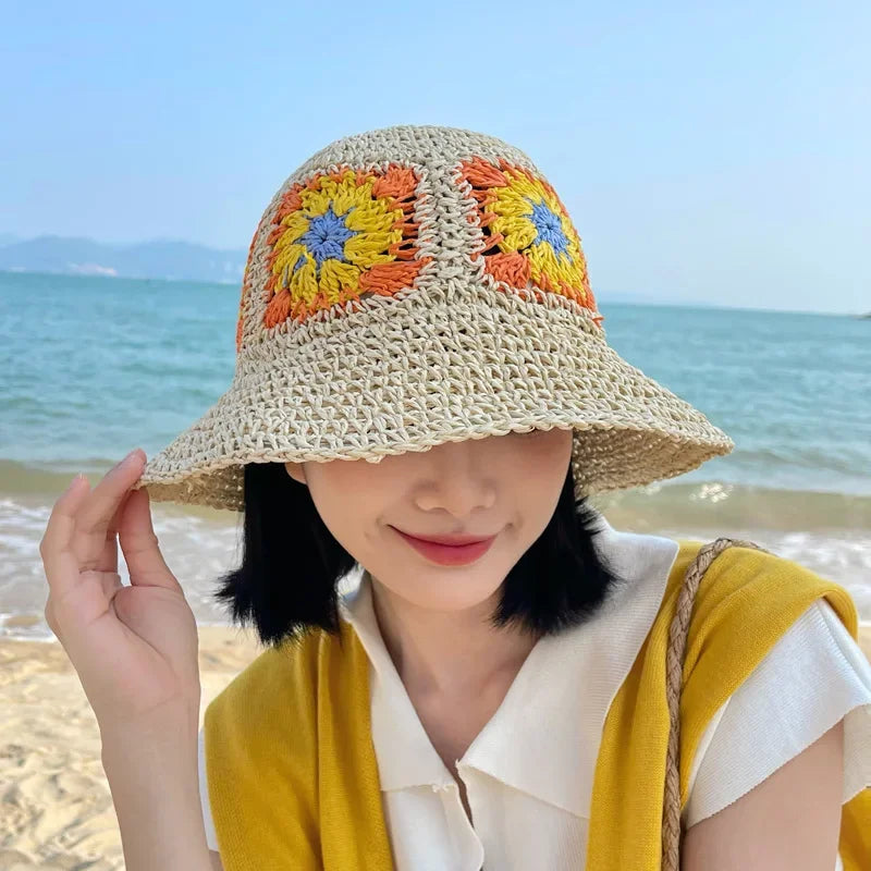 Women Sun Beach Crochet Flowers Hat Fisherman Hat Tourism Female Vacation Paper Straw Bucket Hat