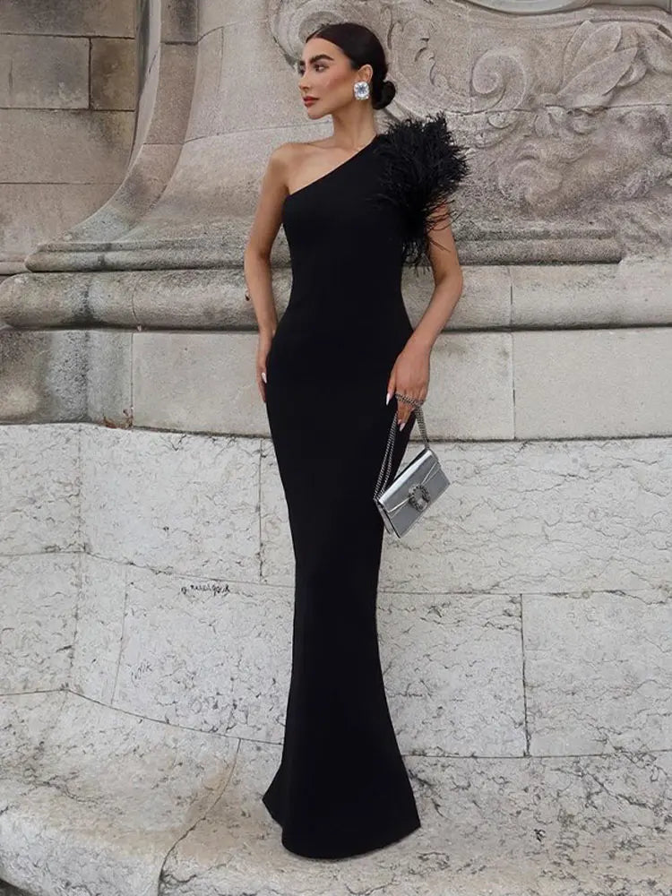 Elegant One Shoulder Feather Maxi Dress for Women Fashion Diagonal Collar Sleeveless Black Bodycon Dresses Lady Evening Robes LUXLIFE BRANDS