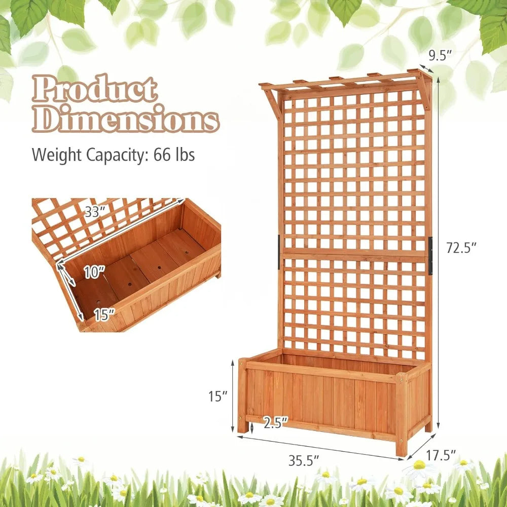 Planter with Trellis Set of 2,  Wood Planter Box with Lattice Trellis & Hanging Roof, Removable Base