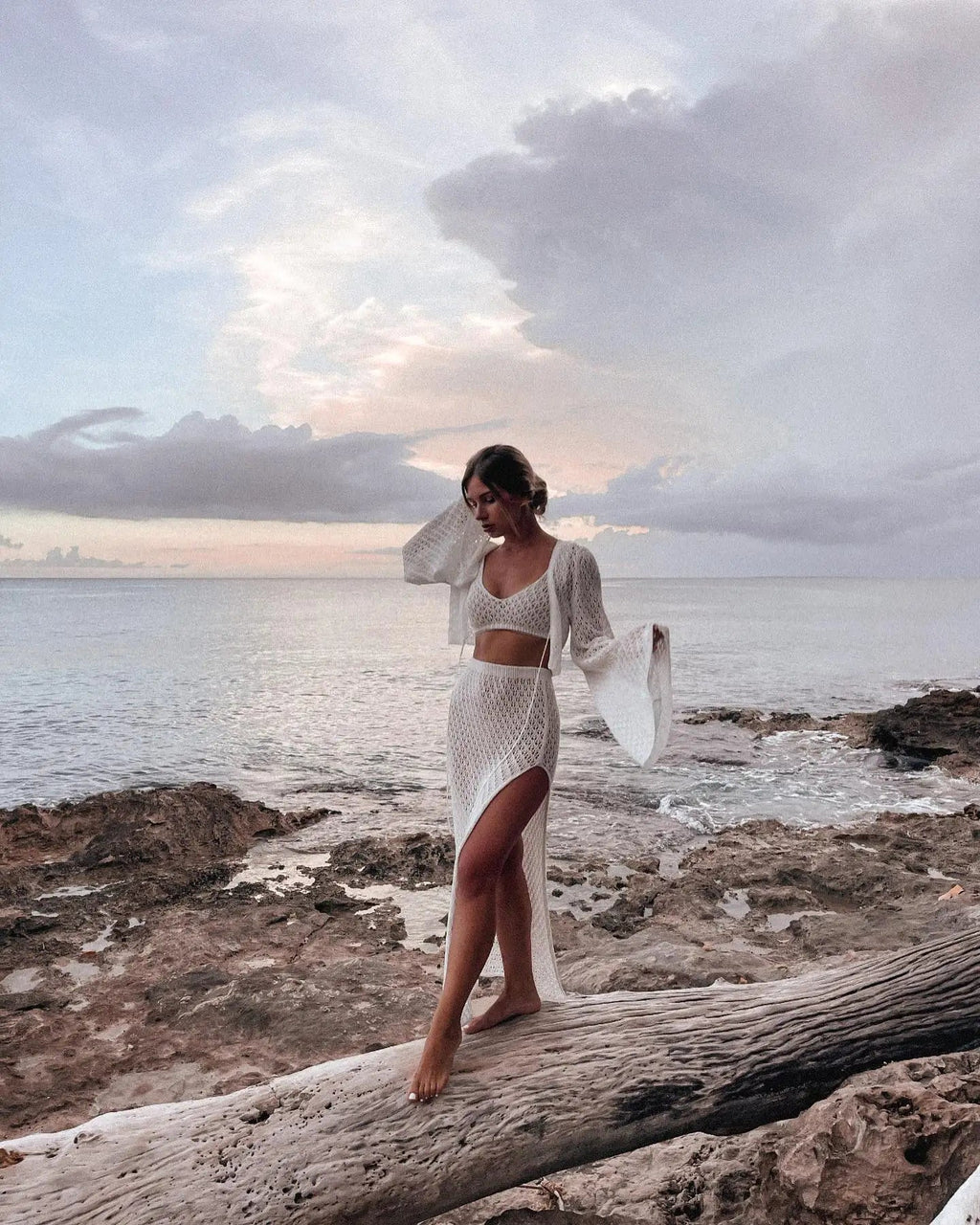 Sexy Knit Set White Cut Out Swimsuit Cover Up 2025 Women's Summer Bell Sleeve Lace-up Loose Top Beach Half Skirt Two-piece K136 Luxlife Brands