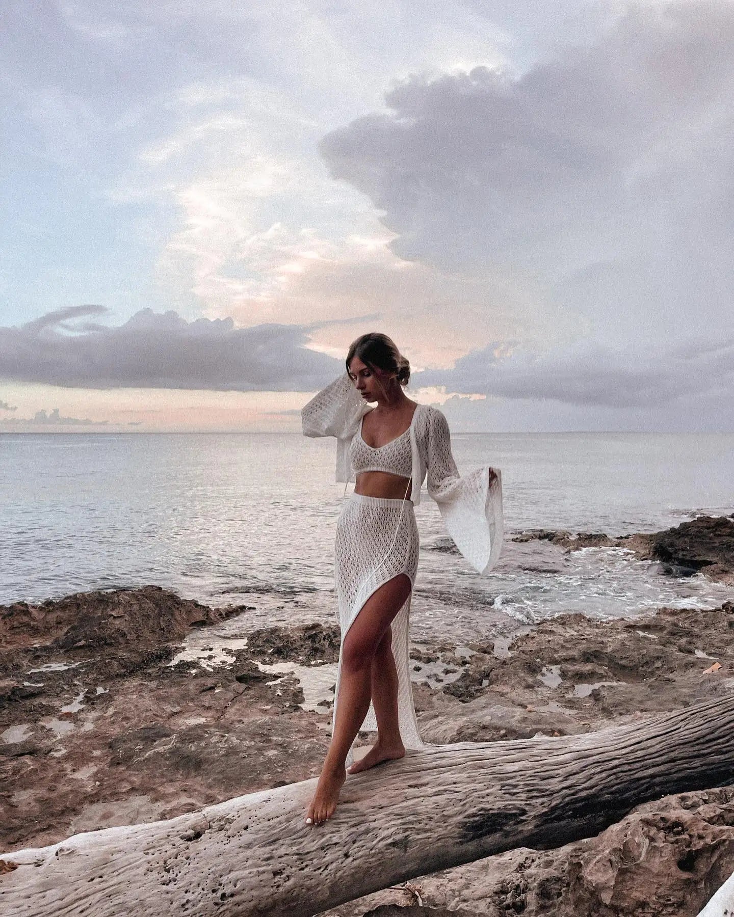 Sexy Knit Set White Cut Out Swimsuit Cover Up 2025 Women's Summer Bell Sleeve Lace-up Loose Top Beach Half Skirt Two-piece K136 Luxlife Brands