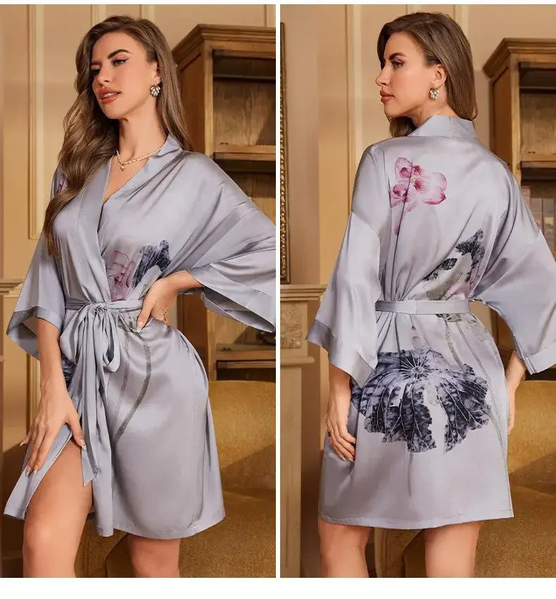 Female Robe Nightgown Summer Satin Sleepwear Loungewear Silky Printing Kimono Bathrobe Gown Yukata Sexy Casual Nightwear