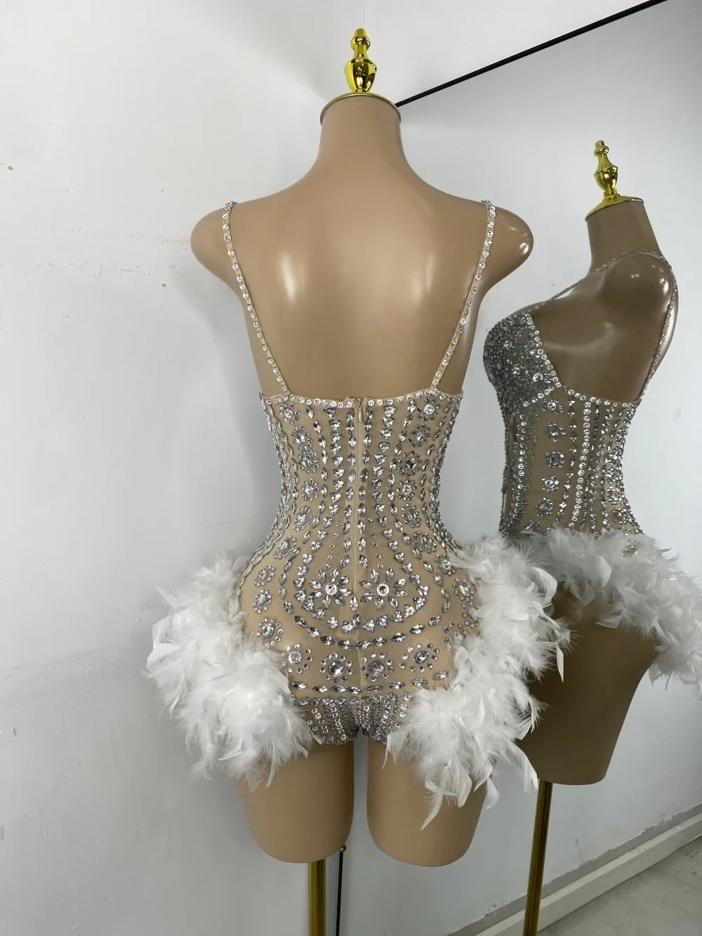 The Stardust Follies Feather Bodysuit – Luxury Rhinestone & Mesh Showgirl Costume