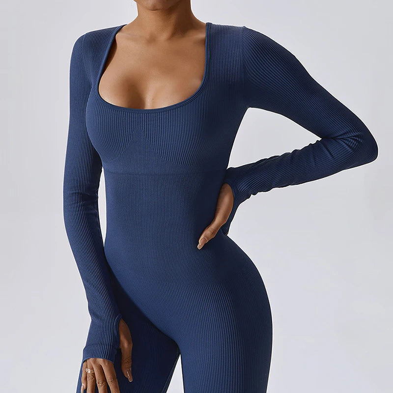 Women Yoga Jumpsuits One Piece Workout Ribbed Long Sleeve Rompers Square Neck Sport Exercise Bodysuits Gym Sportswear LUXLIFE BRANDS