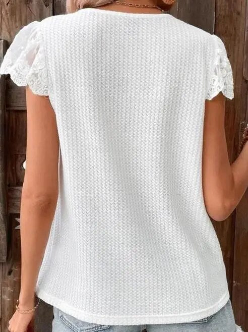 top women Lace Waffle V-Neck T-shirt for Women Summer New Solid Color White Short Sleeve Casual Female Pullover Top Streetwear LUXLIFE BRANDS