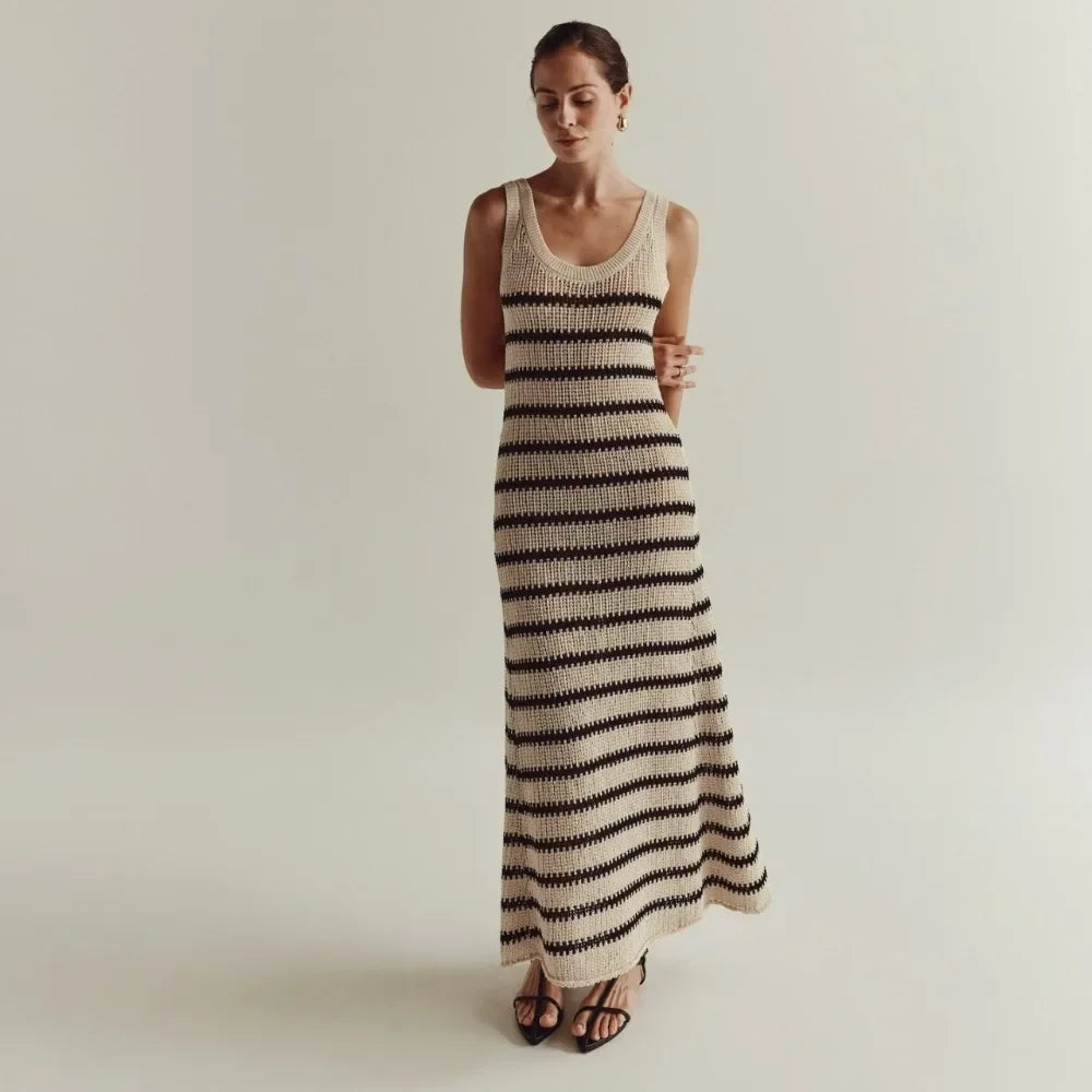 Black Striped Knitted Beach Dress Women Elegant Causal Loose Long Holiday Dresses Summer Sleeveless Bikini Cover Up Dress 2024 LUXLIFE BRANDS