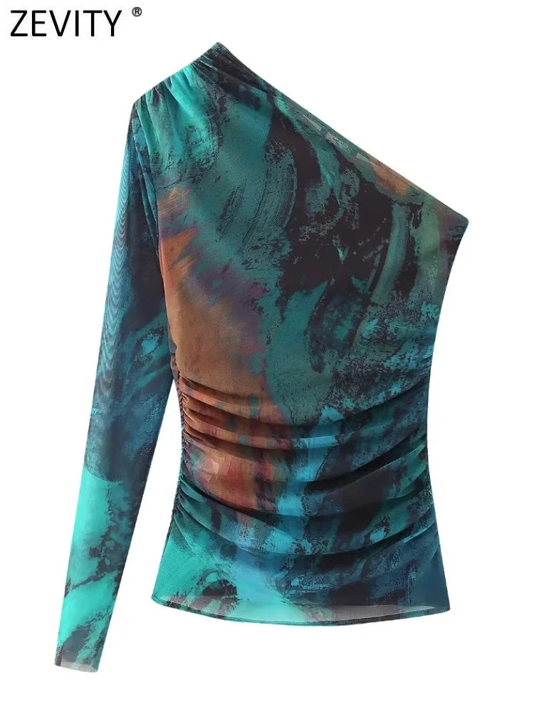 Zevity Women Fashion Single Shoulder Tie Dyed Print Pleated Mesh Smock Blouse Female Asymmetrical Shirt Blusas Chic Tops LS5432 LUXLIFE BRANDS