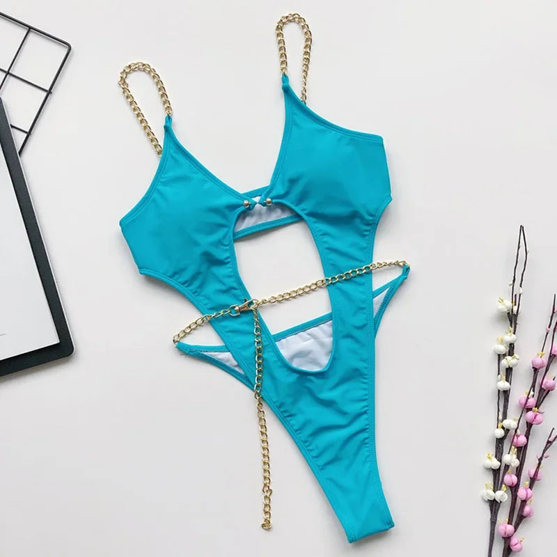 Sexy Metal Chains String High Cut One Piece Swimsuit Women Swimwear Female Monokini Tummy Cut Out Bathing Suit Swim Beach Wear