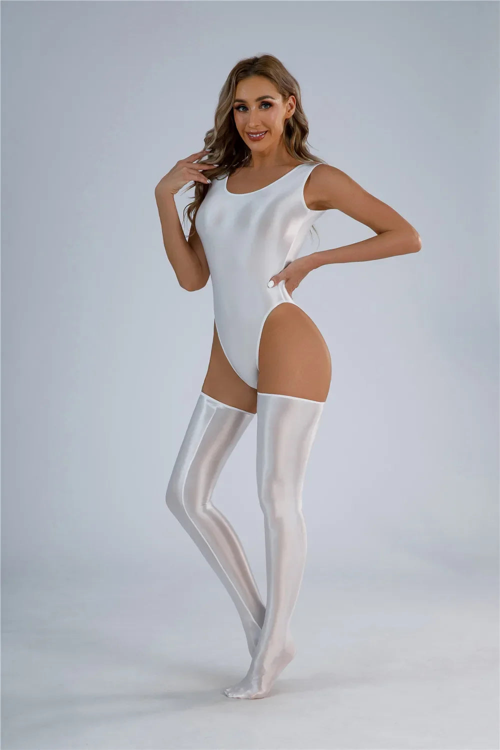 Women Candy Color Oil Glossy Elastic Bodysuit Bodycon Rompers One-piece Swimsuit Silky Tights Satin Backless Shaper Sexy Leotard