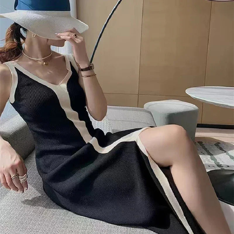 Fashion Women V-neck Maxi Dress Sexy Sling Sleeveless Dresses Knitted Long Dress Women Sweater Female - LUXLIFE BRANDS