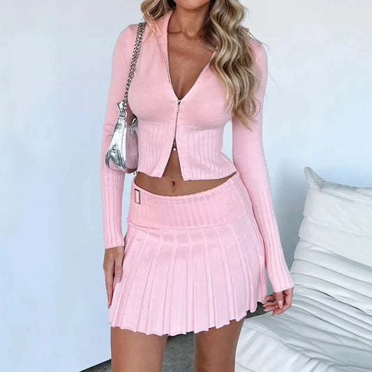 Solid Knitted 2 Piece Set Women Turn Down Collar Long Sleeve Double Zipper Jackets Crop Top Folded Mini Pleated Skirts Suits LUXLIFE BRANDS