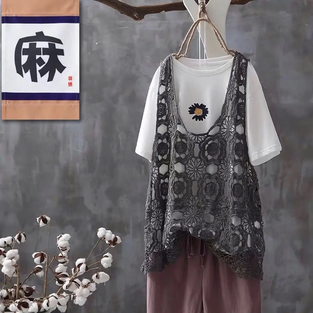 2024 Women Beach Crochet Daily Hollow Out Knit Loose-fitting Round Collar Spaghetti Strap Crop Top Scalloped Loose Vest L45