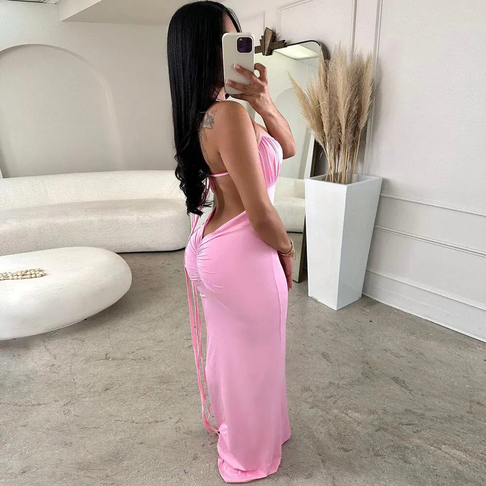 Backless Pink Pleat Dress Sexy Club Party Bodycon Fashion Evening Dresses Women 2023 Summer Clothing Elegant Luxury Maxi Dresses