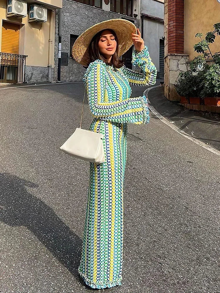 Sexy Backless Flare Sleeve Lace Knit Cut Out Party Beach Maxi Dress 2025 Summer Women Vacation Beachwear Swimsuit Cover Up A2815 Luxlife Brands