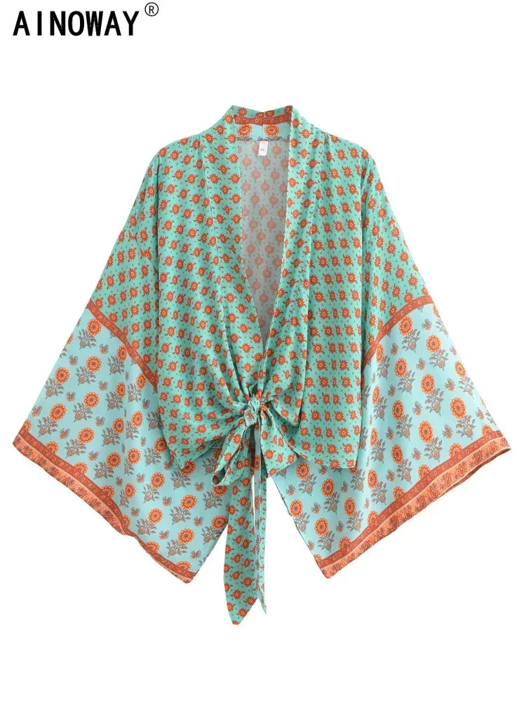Vintage Green Floral Boho Kimono Short Beach Robe